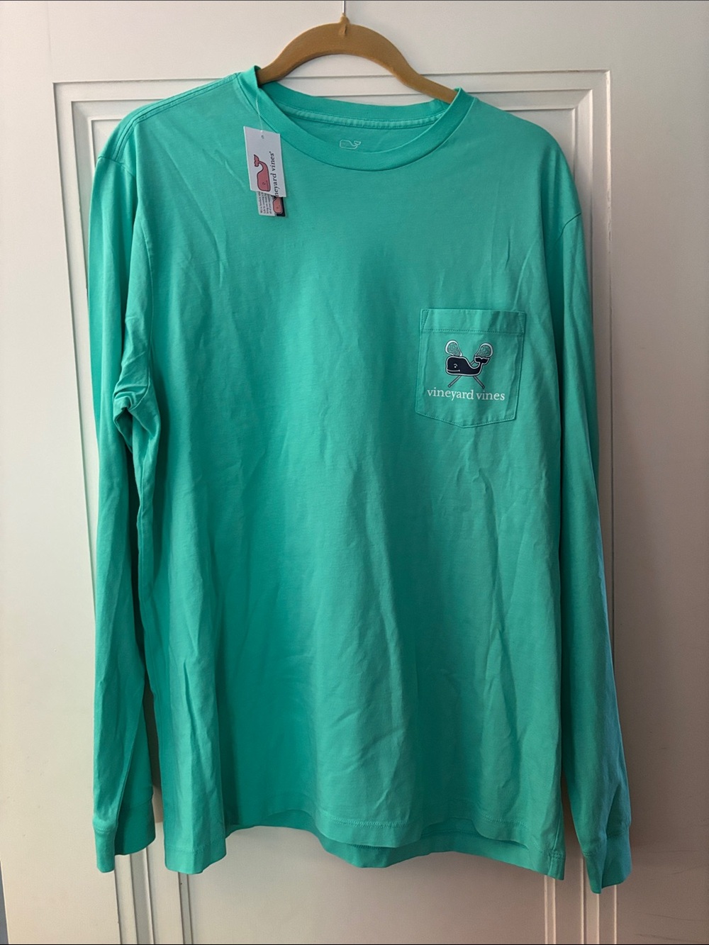Vineyard Vines Lacrosse Long-Sleeve Pocket Tee — Aqua Green Mens M